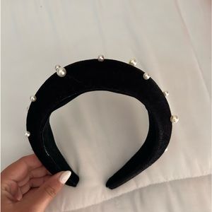 Black velvet headband with pearls NWOT